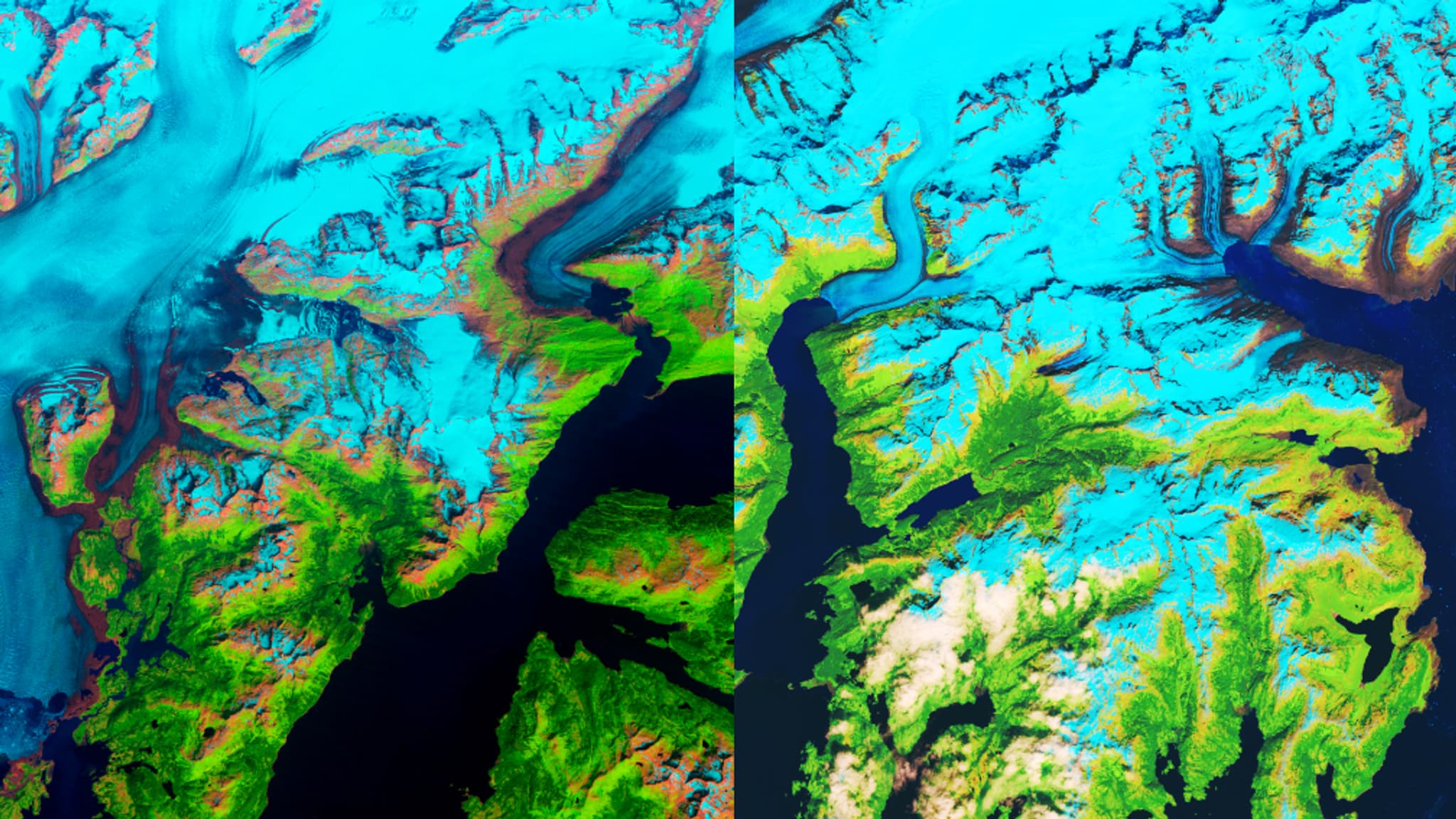 Le glacier Columbia, en Alaska, en 1986 et en 2019, capturé par Landsat