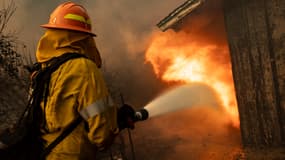 Un pompier tente de contrôler le feu qui brûle une structure alors que l'incendie de Mountain, alimenté par le vent de Santa Ana, brûle des hectares, à Camarillo, en Californie, le 6 novembre 2024.