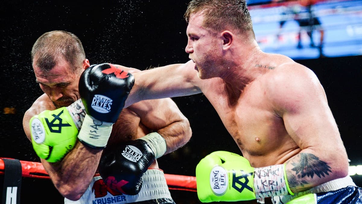 Saul "Canelo" Alvarez (à droite) lors de sa victoire sur Sergey Kovalev pour le titre WBO des mi-lourds