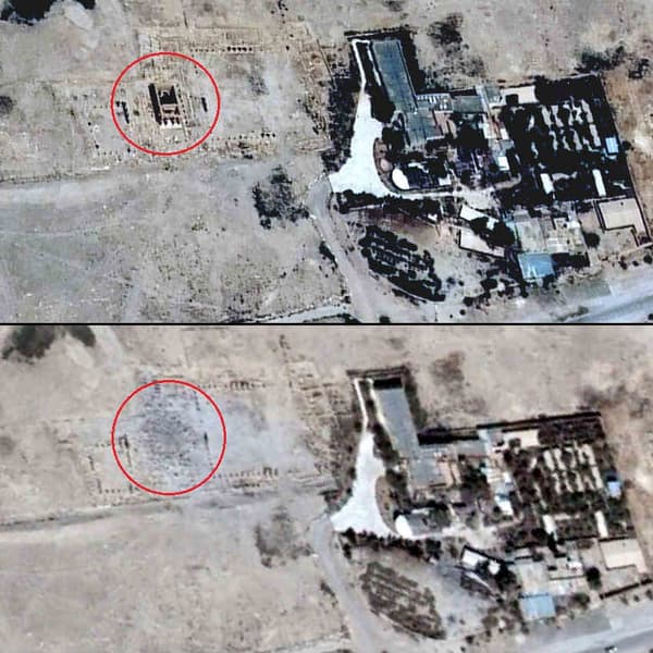 Le temple de Baal Shamin, avant et après sa destruction par l'EI, à Palmyre. Le temple de Baal Shamin, avant et après sa destruction par l'EI, à Palmyre.