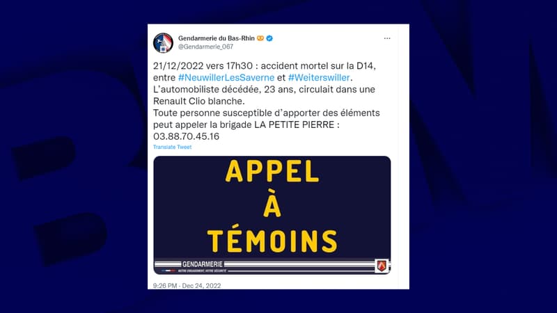 La gendarmerie lance un appel à témoins après un accident mortel.