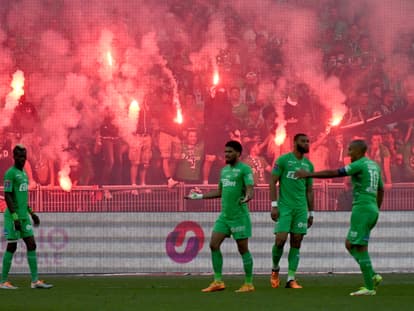 Les joueurs de Saint-Etienne lors du barrage retour Ligue 1-Ligue 2, le 29 mai 2022