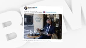 Le ministre de l'Économie Bruno Le Maire s'affiche en terrasse à l'occasion de la deuxième étape du déconfinement, le 19 mai 2021.