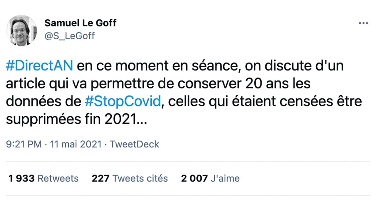 Message erroné relayé sur Twitter au sujet de StopCovid/TousAntiCovid Message erroné relayé sur Twitter au sujet de StopCovid/TousAntiCovid