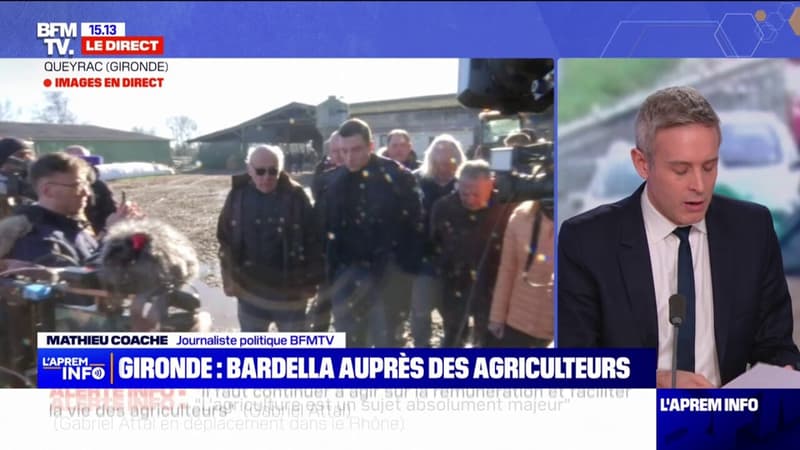 Gironde: Jordan Bardella, président du Rassemblement national, en visite auprès des agriculteurs de Queyrac