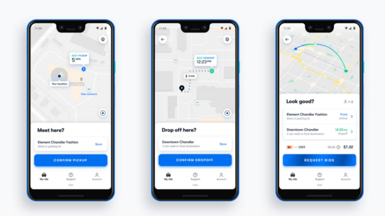 L'interface de l'application Waymo One. L'interface de l'application Waymo One.