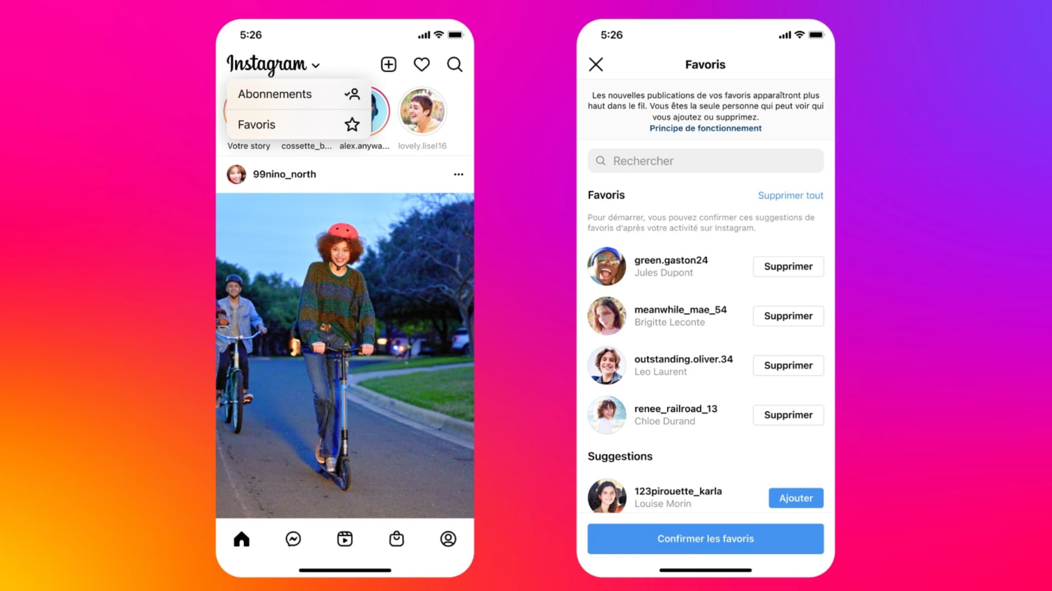 Capture d'écran des options "Abonnements" et "Favoris", introduites par Instagram ce 23 mars 2022