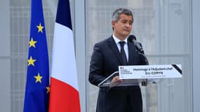 Gérald Darmanin, ministre de l'Intérieur démissionnaire, lors de l'hommage national le lundi 2 septembre à Nice (Alpes-Maritimes) à Éric Comyn, gendarme tué lors d'un refus d'obtempérer à Mougins le lundi 26 août 2024.