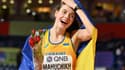 La joie de l'Ukrainienne Yaroslava Mahuchikh, championne du monde en salle du saut en hauteur, le 19 mars 2022 aux Mondiaux à Belgrade 
