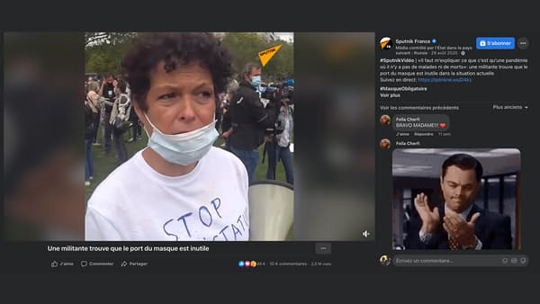 Publication Facebook de Sputnik couvrant une manifestation anti-masque, le 29 août 2020