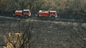 Des camions de pompiers évoluent sur un chemin dans une forêt touchée par des incendies, le 8 août 2025 à Lagrasse, dans l'Aude (photo d'illustration). 