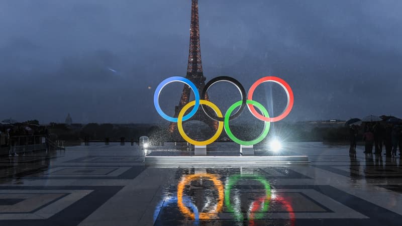 Anneaux olympiques à Paris, près de la Tour Eiffel.