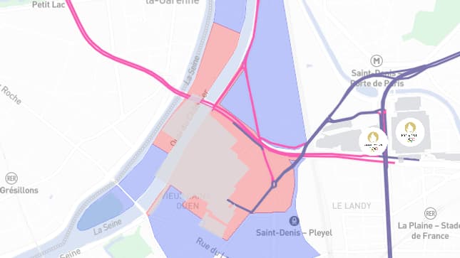 La zone proche du village olympique (en rouge) sera accessible en véhicule avec un QR code. Les axes alentours (zone bleu) seront touchés par des déviations. La zone proche du village olympique (en rouge) sera accessible en véhicule avec un QR code. Les axes alentours (zone bleu) seront touchés par des déviations.