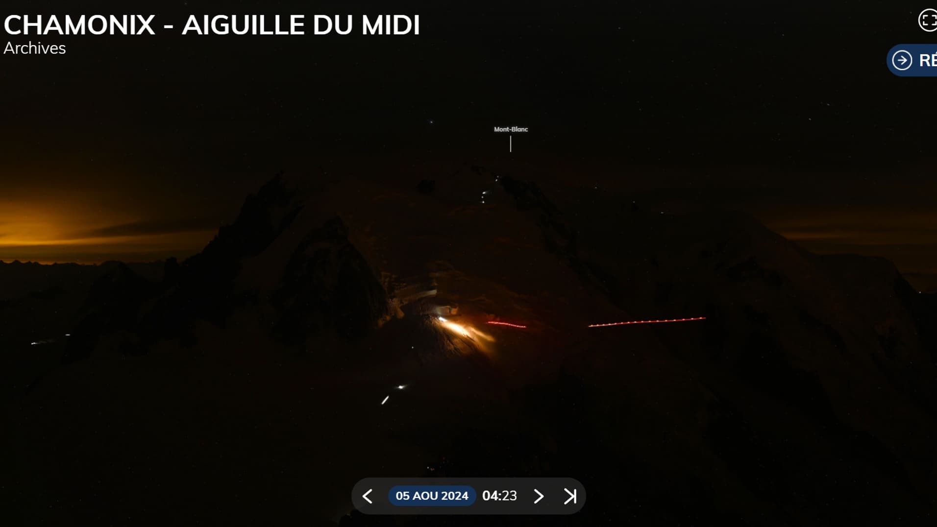 Les images des webcams de l'aiguille du midi dans la nuit du 4 au 5 août 2024.
