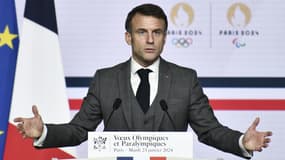 Le président de la République, Emmanuel Macron, lors de ses vœux au sport français, le 23 janvier 2024