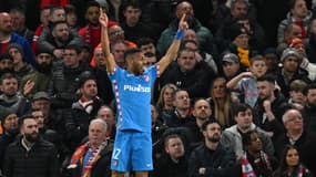 Renan Lodi célèbrent son but avec l'Atlético contre Manchester United, le 15 mars 2022