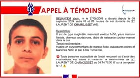 Yacin Belkacem a disparu depuis le 9 septembre à Saint-Laurent-de-Chamousset
