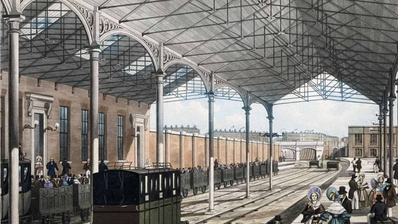 La gare d'Euston et ses marquises de fer forgé en 1837.