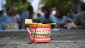 Une prothèse dentaire et une brosse à dents. (Photo d'illustration)