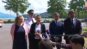 La Première ministre Élisabeth Borne, le ministre de l'Intérieur Gérald Darmanin et la procureure de la République d'Annecy Line Bonet-Mathis, le 8 juin 2023 à Annecy (Haute-Savoie).