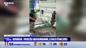 Des soldats ukrainiens se filment en train de planter un drapeau de leur pays dans un village russe