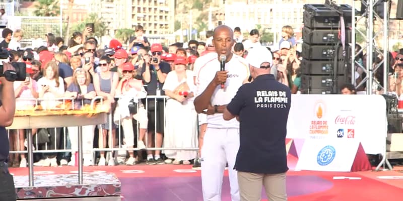 Le chaudron olympique, allumé par Stéphane Diagana lors du relais à Nice, le 18 juin 2024.