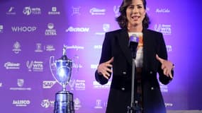 L'expérimentée Garbiñe Muguruza s'exprimant lors du tirage au sort du Masters de fin de saison de la WTA à Zapopan, en banlieue de Guadalajara, le 8 novembre 2021