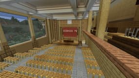 Le grand amphithéâtre de Sciences Po, reconstitué dans le jeu de construction Minecraft.