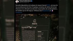 Un panneau hommage à Samuel Paty dégradé le 17 novembre 2024, dans le 5e arrondissement de Paris.