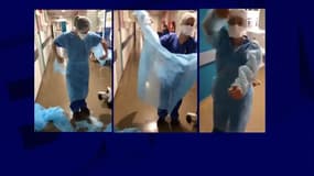 Captures d'écran de deux vidéos montrant des infirmières essayant des blouses défectueuses à l'hôpital de La Timone à Marseille