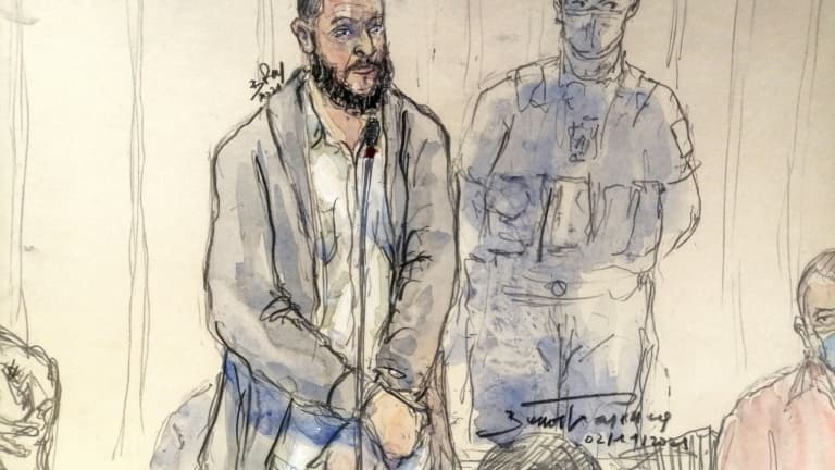 Croquis d'audience du 2 novembre 2021 montrant Salah Abdeslam au procès des attentats du 13-Novembre devant la cour d'assises spéciale à Paris