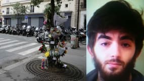 À gauche: des hommages floraux ornent un arbre sur un trottoir à Paris le 16 mai 2018, à proximité du lieu d'une attaque au couteau qui a fait un mort et quatre blessés fin mai 12. 
À droite: photo non datée obtenue le 13 mai 2018 montre Khamzat Azimov, un Français de 20 ans né en Tchétchénie qui a tué un homme et blessé quatre autres personnes lors d'une attaque au couteau la veille, dans le centre de Paris, d'un attentat revendiqué par le mouvement islamique. 