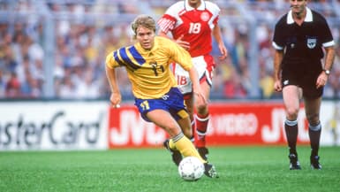 Tomas Brolin lors du match Danemark-Suède (0-1, Euro 1992), le 14 juin 1992