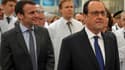 Emmanuel Macron et François Hollande lors d'une visite d'une entreprise à Chartres le 21 avril 2016.