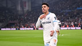 Luis Henrique célèbre son but de la victoire de l’OM face à Lyon (3-2, L1), le 2 février 2025