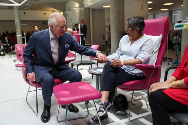 King Charles III on April 30, 2024 during a visit to the Macmillan Cancer Center at University College Hospital in London.