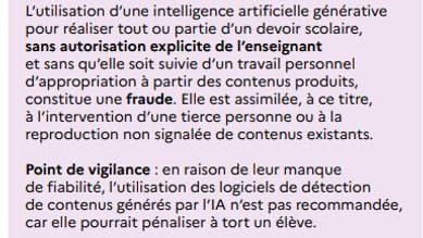 Un extrait du "cadre d'usage de l'IA en éducation" publié le 14 juin par le ministère de l'Educaiton nationale.