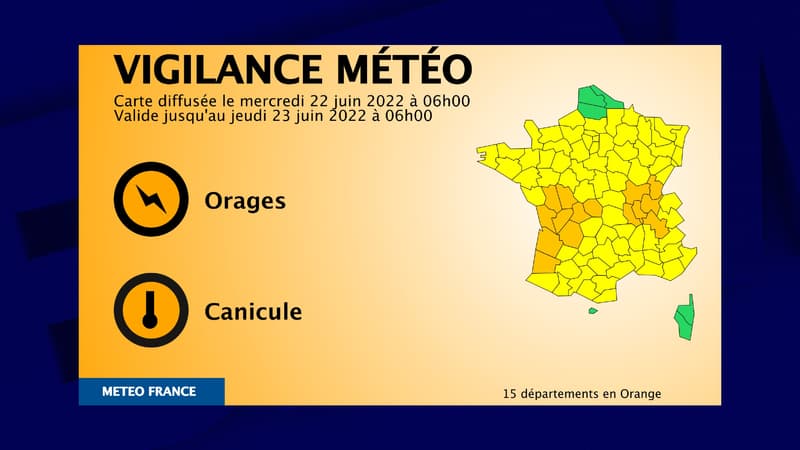 Quinze départements ont été placés en vigilance orange pour risque d'orages ou de canicule ce mercredi 22 juin
