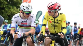 Tadej Pogacar et Jonas Vingegaard lors de la 1ère étape du Critérium du Dauphiné, le 8 juin 2025.