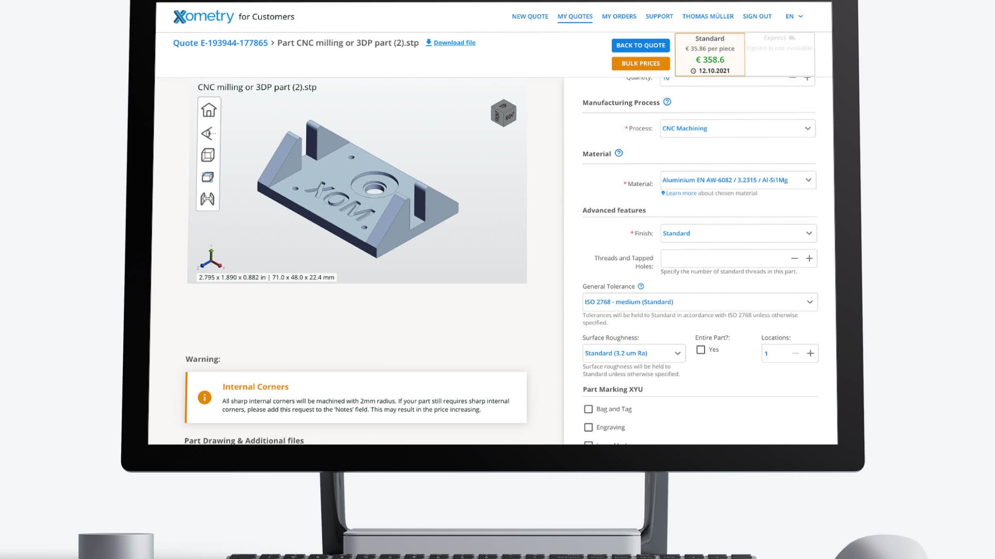 Aperçu de la plateforme de devis instantané en ligne de Xometry