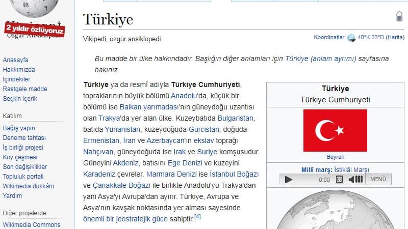 La version turcophone de l'encyclopédie en ligne fait apparaître la mention: "Nous avons disparu depuis deux ans". 