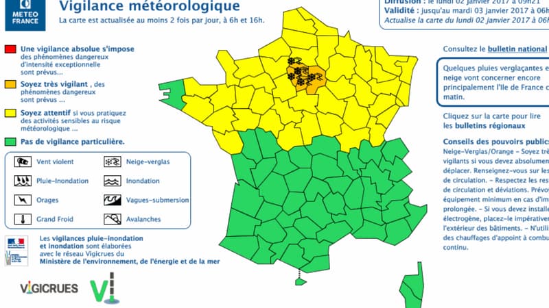 Les départements en vigilance orange le 2 janvier à 9h.