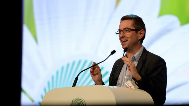 Jérôme Despey, secrétaire général de la FNSEA, le syndicat agricole majoritaire, lors d'un discours à Tours, le 28 mars 2018