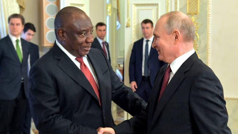 Cette photo prise par RIA Novosti le 17 juin 2023 montre Vladimir Poutine et le président sud-africain Cyril Ramaphosa, à Strelna, près de Saint-Pétersbourg.