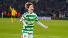 Kyogo Furuhashi célèbre lors du match Celtic Glasgow-Young Boys Berne (1-0, Ligue des champions), le 22 janvier 2025 