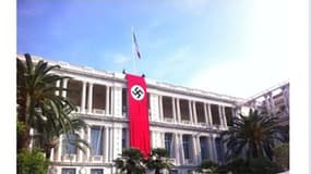 Un drapeau nazi sur la façade du palais de la préfecture des Alpes-Maritimes pour les besoins d'un film à Nice