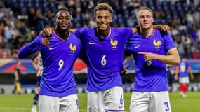 Arnaud Kalimuendo, Désiré Doué et Adrien Truffert lors de France-Paraguay (4-1, amical), le 4 juillet 2024