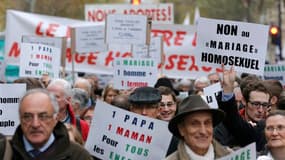 Manifestants hostiles au mariage gay, à Paris. Des milliers de personnes ont manifesté dimanche après-midi à Paris contre le mariage homosexuel à l'appel de l'institut Civitas, proche des catholiques intégristes, pour qui ce projet de loi du gouvernement