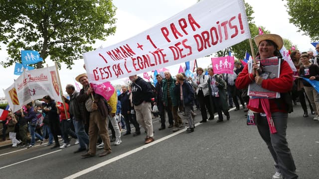 Des opposants de la Manif pour Tous manifestent contre la loi Taubira, le 26 mai 2013 à Paris. 