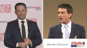 Benoît Hamon et Manuel Valls lors de leur dernier meeting respectif, ce jeudi.
